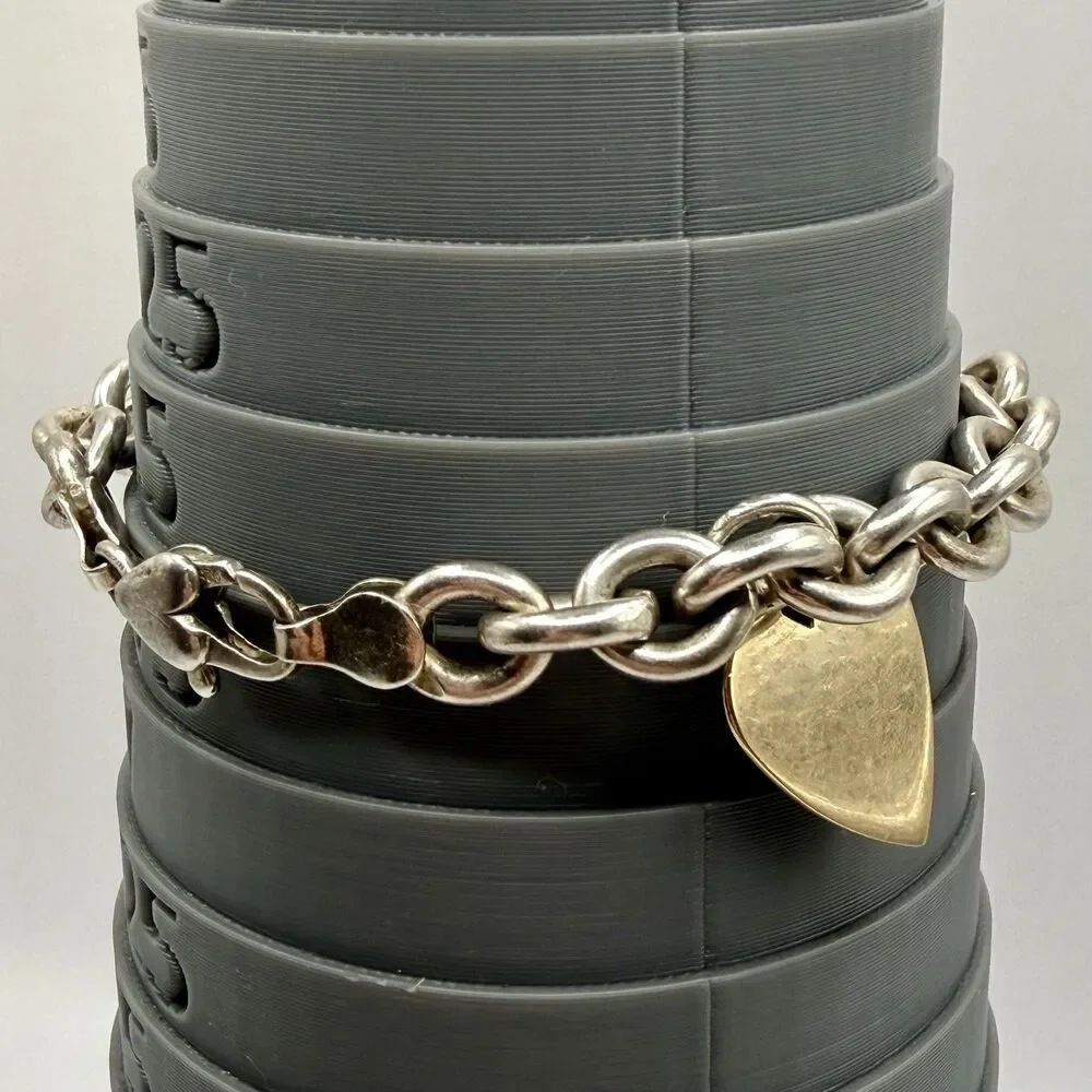 Vintage Judith Jack 14k Gold Heart Tag 925 Silver Rolo Link Chain Charm Bracelet